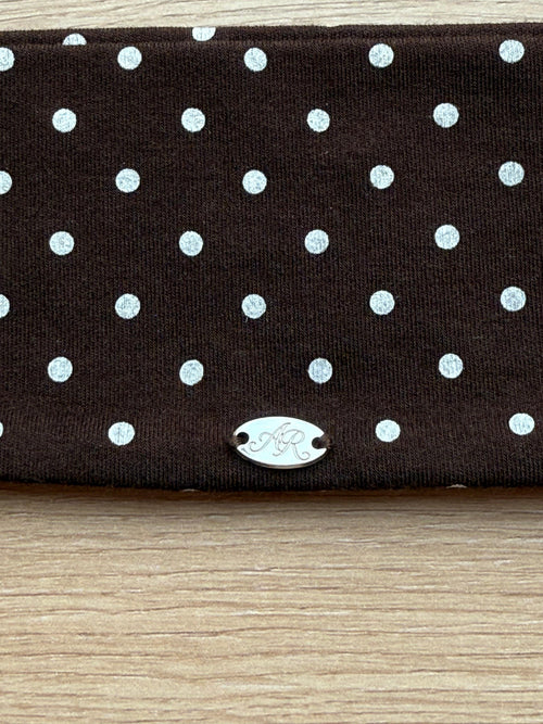 Whimsy Doll polka dot active headband in brown by Angel Ruche, photo 5