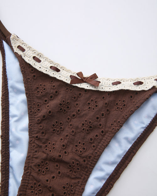 Coquette cotton eyelet bikini in brown by Angel Ruche, photo 12