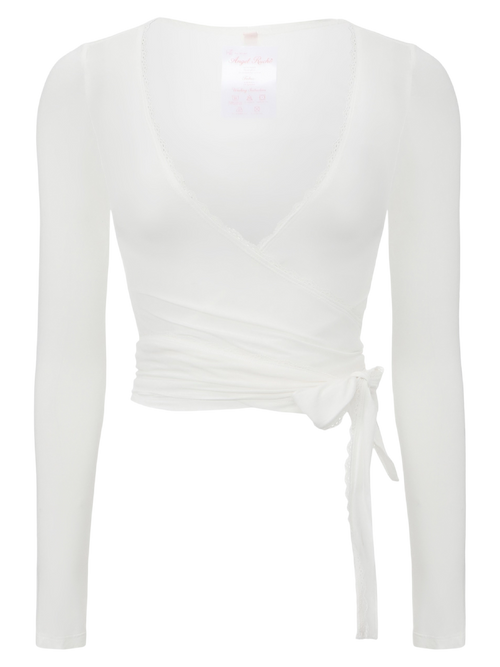 Whimsy Doll pilates wrap cardigan in white, balletcore activewear by Angel Ruche
