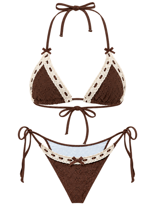 Coquette cotton eyelet bikini set in brown, coquette swimwear by Angel Ruche