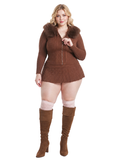 Fur trim Mocha cable knit set in brown by Angel Ruche, photo 13
