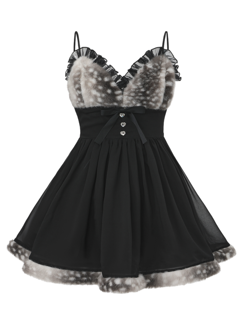 Bambi Princess fur trim chiffon babydoll dress in black, dark coquette dress by Angel Ruche