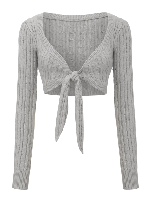 Lovergirl tie front cable knit cardigan in grey, coquette knitwear by Angel Ruche