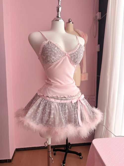 Snow Deer Print Chiffon Fur Mini Skirt（Grey）