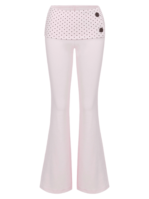 Whimsy Doll cotton fold over long pants in brown polka dot, coquette activewear by Angel Ruche
