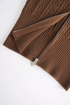 Fur trim Mocha cable knit zip up cardigan in brown by Angel Ruche, photo 17