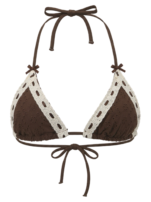 Coquette cotton eyelet bikini top in brown, coquette swimwear by Angel Ruche