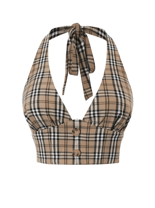 Girly Plaid halter crop top in khaki, coquette top by Angel Ruche