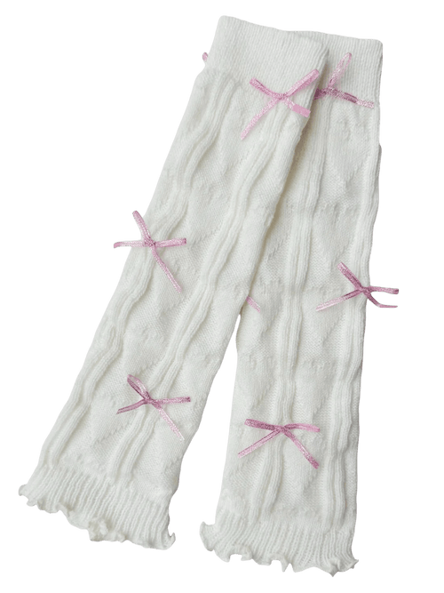 Gold bow leg warmers in white, balletcore accessory by Angel Ruche