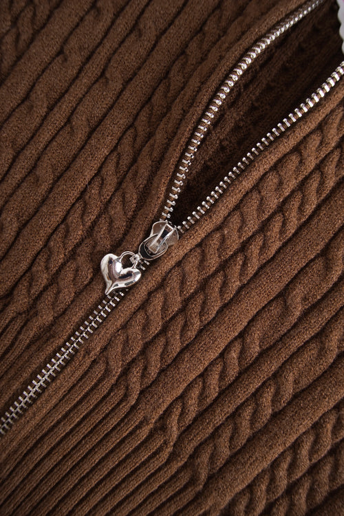 Fur trim Mocha cable knit zip up cardigan in brown by Angel Ruche, photo 18