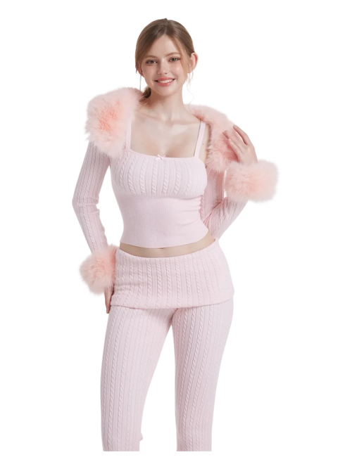 Colette fur trim cable knit bolero cardigan in pink by Angel Ruche, photo 2