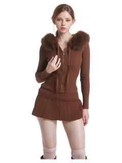 Fur trim Mocha cable knit set in brown by Angel Ruche, photo 4