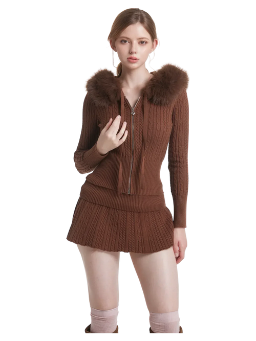 Fur trim Mocha cable knit set in brown by Angel Ruche, photo 4