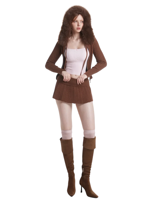 Fur trim Mocha cable knit set in brown by Angel Ruche, photo 11