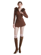 Fur trim Mocha cable knit set in brown, cozy coquette matching set by Angel Ruche