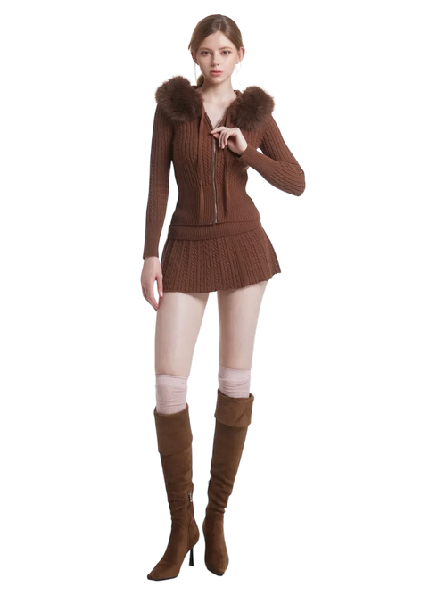 Fur trim Mocha cable knit set in brown, cozy coquette matching set by Angel Ruche