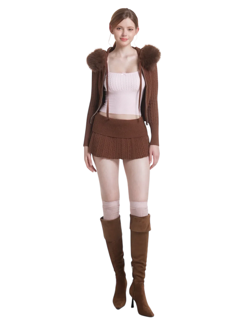Fur trim Mocha cable knit set in brown by Angel Ruche, photo 7