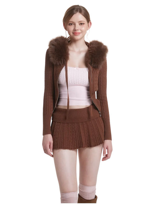 Fur trim Mocha cable knit set in brown by Angel Ruche, photo 2