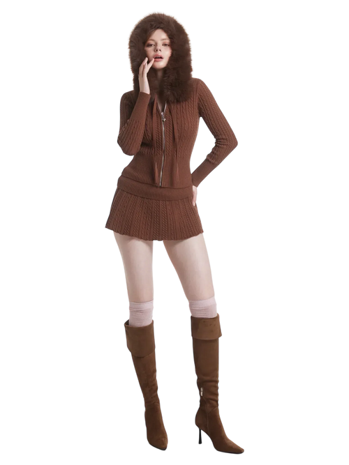 Fur trim Mocha cable knit set in brown by Angel Ruche, photo 6