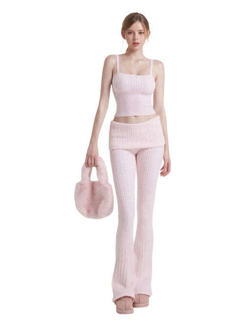 Colette cable knit set in soft pink with cami top and fold over pants, balletcore matching set by Angel Ruche