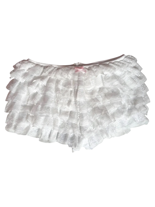 Delicate chiffon ruffle shorts with white lace, coquette bottoms by Angel Ruche