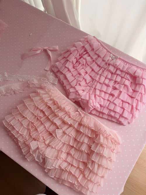 Delicate chiffon ruffle shorts in rose pink by Angel Ruche, photo 15