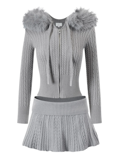 Fur trim Cozy Cloud cable knit set in grey by Angel Ruche, photo 3