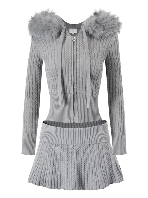 Fur trim Cozy Cloud cable knit set in grey by Angel Ruche, photo 3