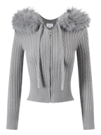 Fur trim Cozy Cloud cable knit cardigan in grey, cozy knitwear by Angel Ruche