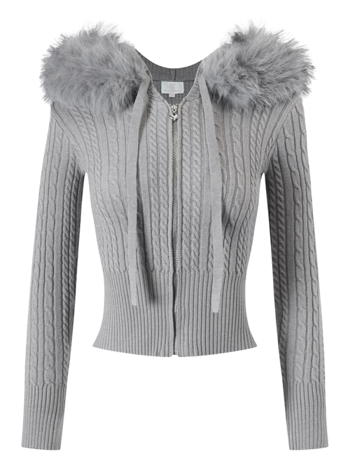 Fur trim Cozy Cloud cable knit cardigan in grey, cozy knitwear by Angel Ruche