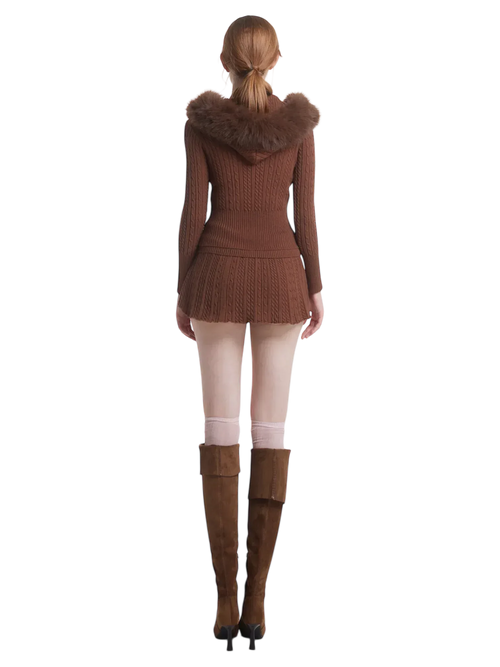 Fur trim Mocha cable knit set in brown by Angel Ruche, photo 12