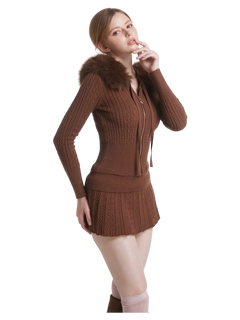 Fur trim Mocha cable knit set in brown by Angel Ruche, photo 5