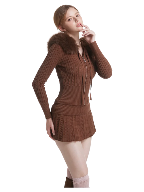 Fur trim Mocha cable knit set in brown by Angel Ruche, photo 5