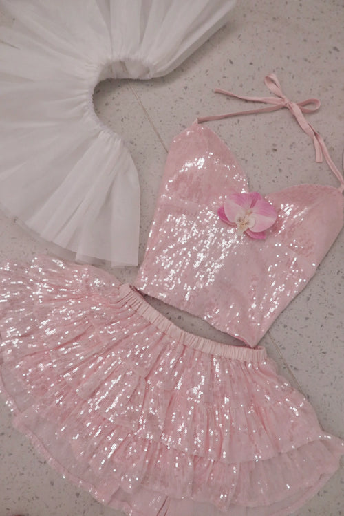 Rosette Fairy Dust sequin halter top in pink by Angel Ruche, photo 11