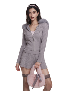 Fur trim Cozy Cloud cable knit set in grey, cozy knit matching set by Angel Ruche