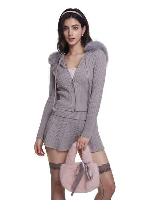 Fur trim Cozy Cloud cable knit set in grey, cozy knit matching set by Angel Ruche