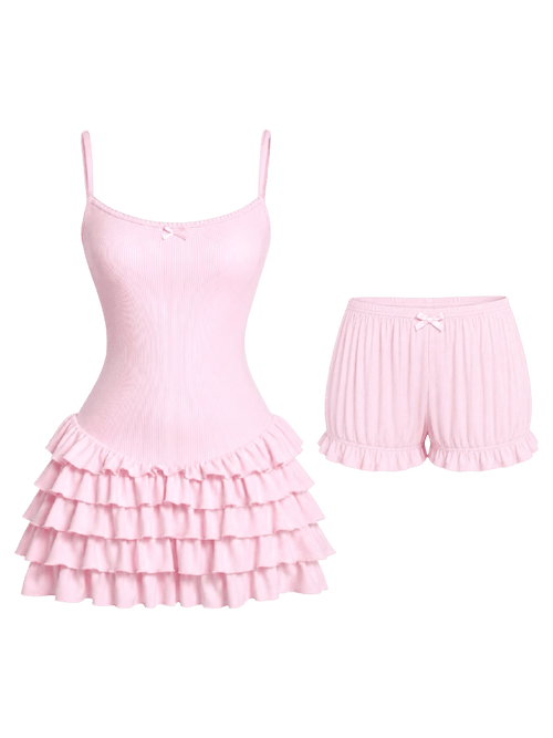 Serafina ruffle mini dress and bloomer shorts set in pink, dollette dress by Angel Ruche