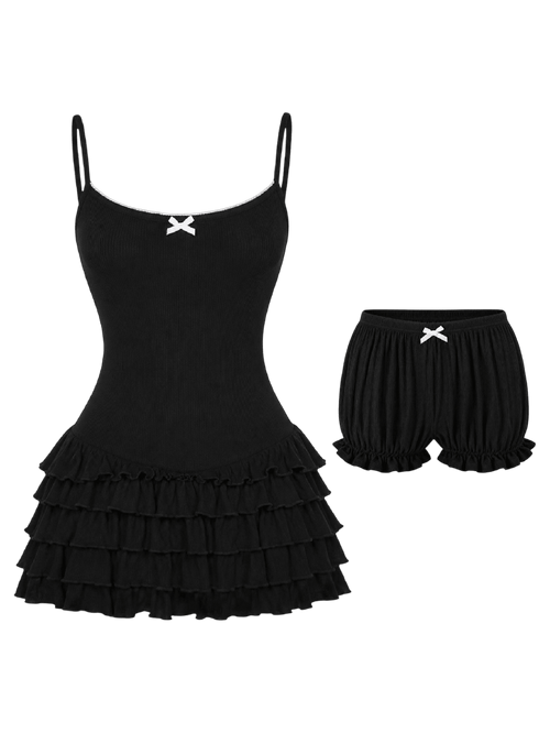 Serafina ruffle mini dress and bloomer shorts set in black, dollette dress by Angel Ruche