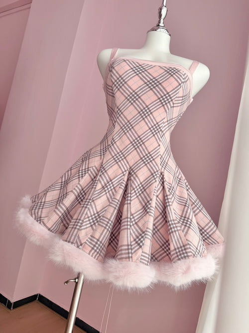 Sugarplum Plaid Hourglass Fur Trim Dress+ Petticoat (Pink)