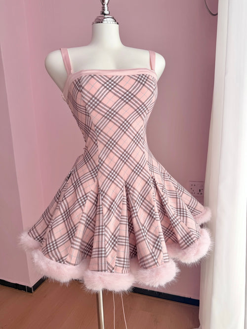 Sugarplum Plaid Hourglass Fur Trim Dress+ Petticoat (Pink)