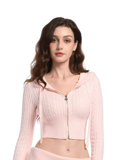 Strawberry Milk cable knit zip up cardigan in pink, balletcore knitwear by Angel Ruche