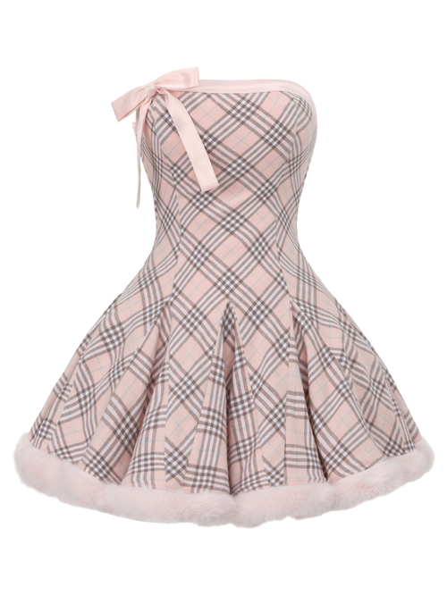 Sugarplum Plaid Hourglass Fur Trim Dress+ Petticoat (Pink)