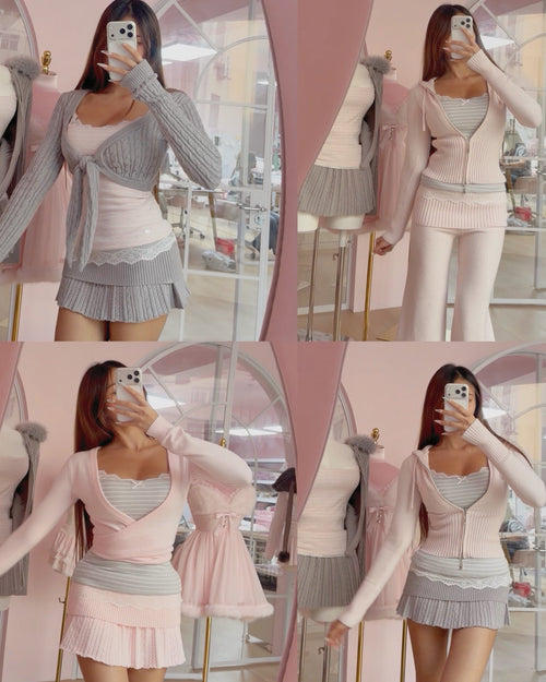 Muse cotton reversible lace cami in pink and grey stripe by Angel Ruche, photo 2