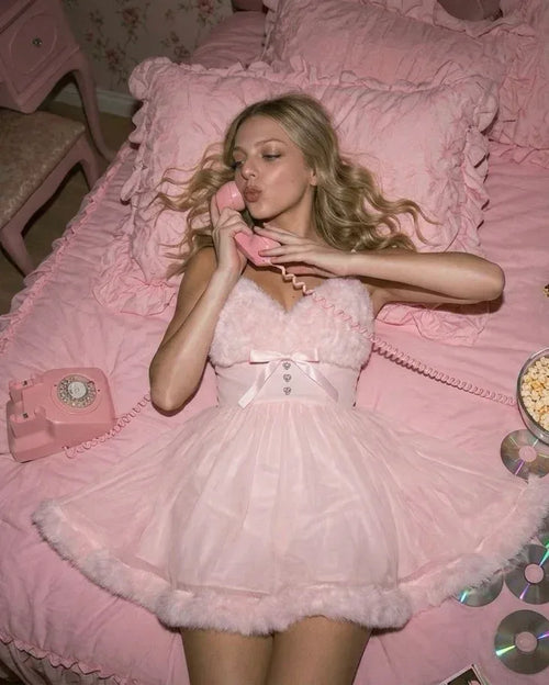 Rosé Princess fur chiffon dress and robe in pink by Angel Ruche, photo 3