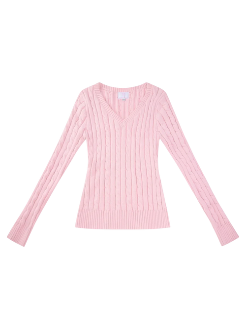 Love Letter cable knit V neck sweater in pink by Angel Ruche, photo 3