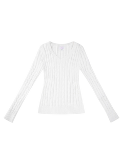 Love Letter cable knit V neck sweater in white by Angel Ruche, photo 3