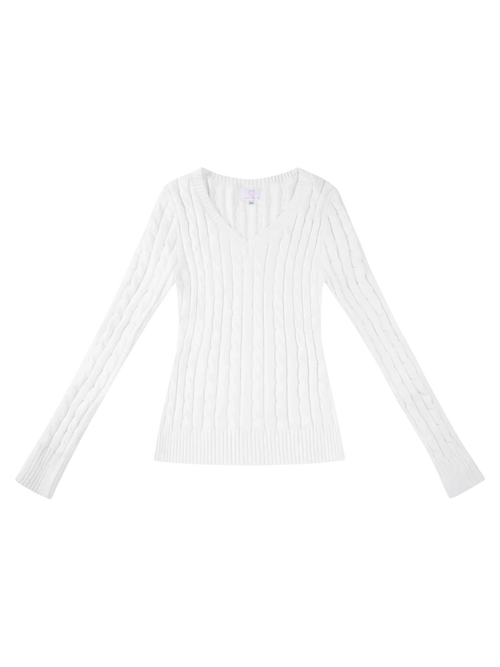 Love Letter cable knit V neck sweater in white by Angel Ruche, photo 3
