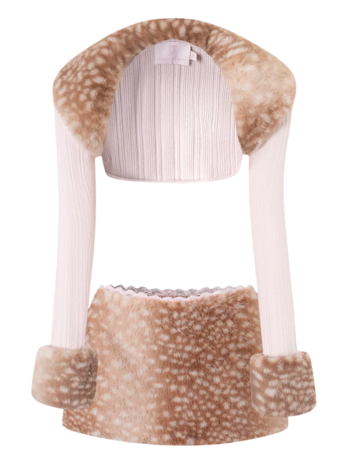 My True Form fawn print fur bolero and lace skirt set in pink, dollette matching set by Angel Ruche