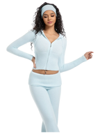 That Girl rib knit set in baby blue with zip up cardigan and fold over pants, soft girl matching set by Angel Ruche