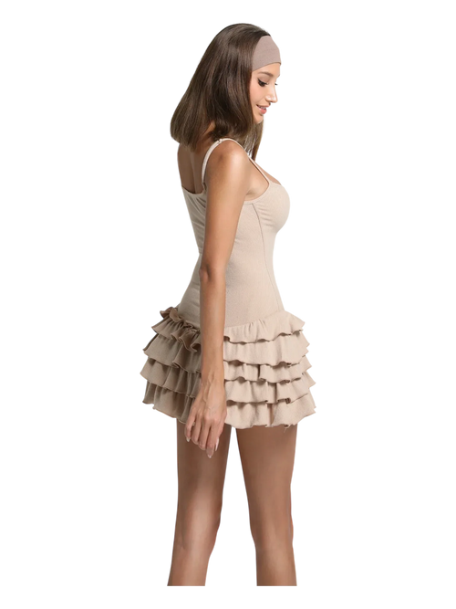 Serafina ruffle mini dress set in beige by Angel Ruche, photo 3